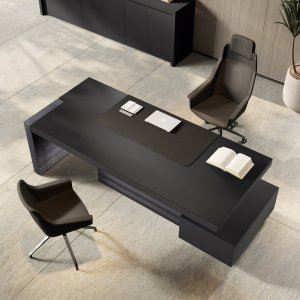 Jera 94-inch executive desk in Black finish — pedestal unit with soft-close push-release drawers, no handles