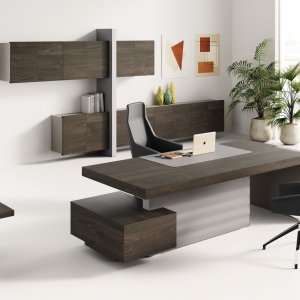 Jera executive desk structural eco-leather side panel with hand-stitching — Slate finish, Las Mobili