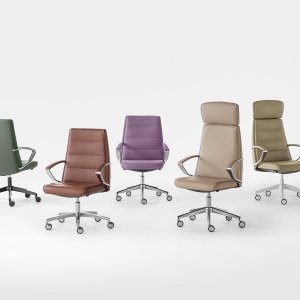 High-back executive office chair Klivia, from Kastel, in taupe faux leather behind a dark wood desk