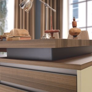 Fixed pedestal with drawer fronts in walnut