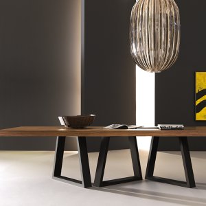 Checkerboard walnut grain on the square Kyo table