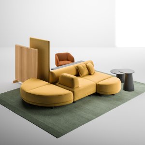 Node+ island seat 70 7/8 in square with padded backs in a corporate lobby