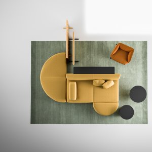 Node+ screen in wood standing on its own base next to the sofa