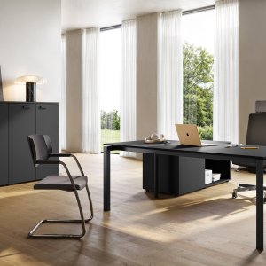 5th Element meeting table with bridge legs and integrated top access