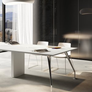 Énosi desk with Pacific Walnut 3d-foil top and white painted legs