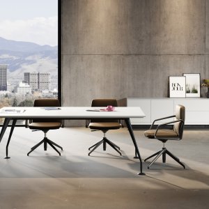 Extra White rear-lacquered glass top with polished flat edge on the Énosi desk
