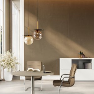 Corner office furnished with the Iulio system: desk, meeting table and storage wall