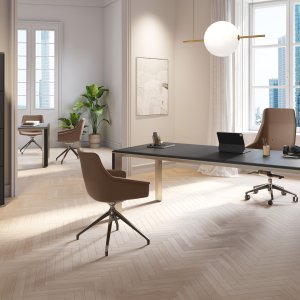 Iulio modern executive desk by Las Mobili with Inox Grey aluminum legs and wood-effect insert