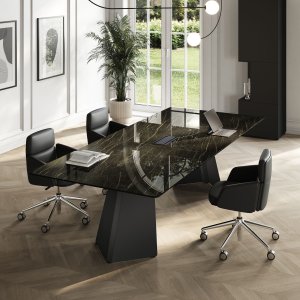 Monolith executive desk for a founder's office — ceramic top, Terracotta steel, Italian design