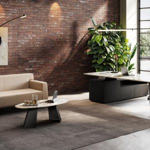 Monolith executive desk by Las Mobili — Black Desirè ceramic top on Terracotta V-shaped steel legs