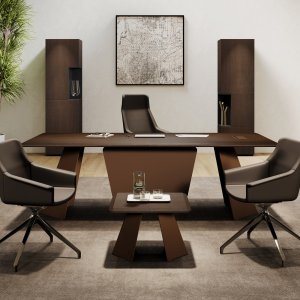 Monolith desk in Grey Elm 3d-foil with black epoxy steel frame, front view