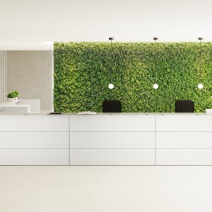 Operator side of the Nice front desk with cable tray and locking storage unit
