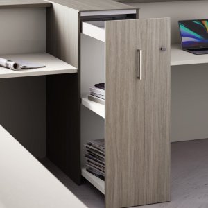 Nice reception desk by Las Mobili with LED-backlit front bands and satin chrome profiles