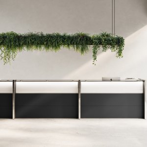 Tempered glass transaction shelf of the Nice reception desk on turned stainless steel supports