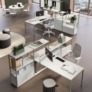 Sigma workstation system by Las Mobili with bench desks on square steel legs in an open-plan office