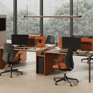 Metal bookshelf with Sigma desk-attach module flush with the worktop