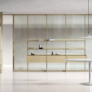 Giano shelves mounted on a Simple Bold glass partition