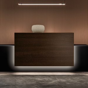 Lux reception counter by Bralco in a busy American lobby