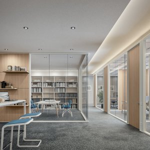 Hinged tempered glass door on the M1 partition wall — Quadrifoglio system