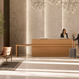 Kyo Reception by Martex, the sculptural volume facing visitors