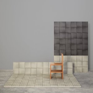 Contrast layout of Aurore Charcoal with Light Blue Grid L tiles