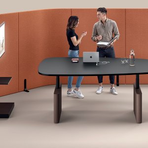 Six-person Otto bench by Martex in black melamine with oak edge