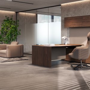 Brushed bronze aluminum structure on a Frezza Ono desk