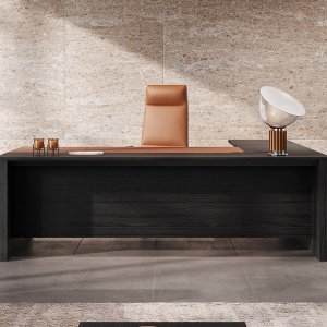 Ono desk with return top in oak melamine and black structure