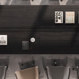 Meeting table in walnut with eco-leather end tops, Ono by Frezza