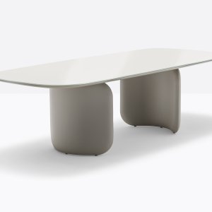 Rounded MDF support hiding the steel structure of the Elinor table
