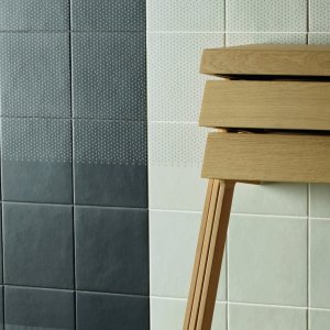 Zigzag Blue pattern from the Tape collection in glazed stoneware