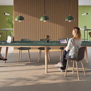 Trapezoidal Pigreco meeting table with flip-top power