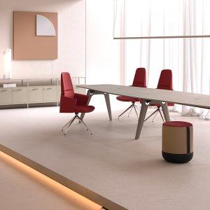 Rail desk with tempered glass top and integrated wood shelf