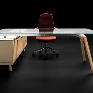 Metal beam with wood insert spanning under the Rail desktop