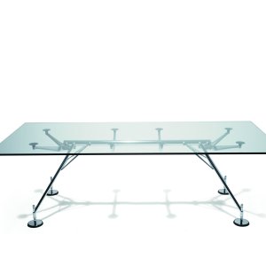 Nomos executive desk by Tecno with back-painted glass top and chrome backbone