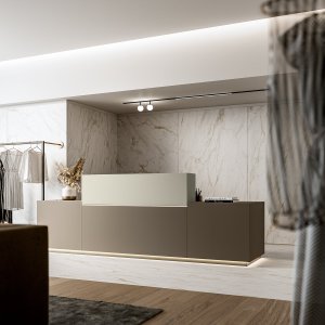 Reception desk Z1 with leveling feet on a stone floor