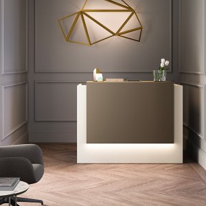 Quadrifoglio Z2 front desk in a corporate lobby with LED perimeter light
