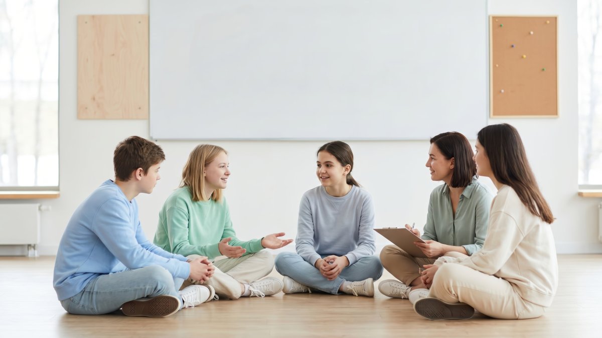 Teenagers and adults sitting in a circle on the floor of a bright classroom, in front of a whiteboard