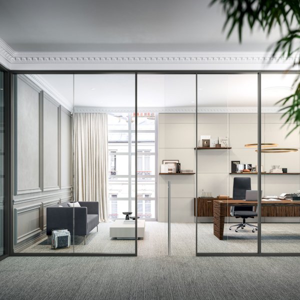 US office with CARB-compliant Quadrifoglio executive desk and reception counter